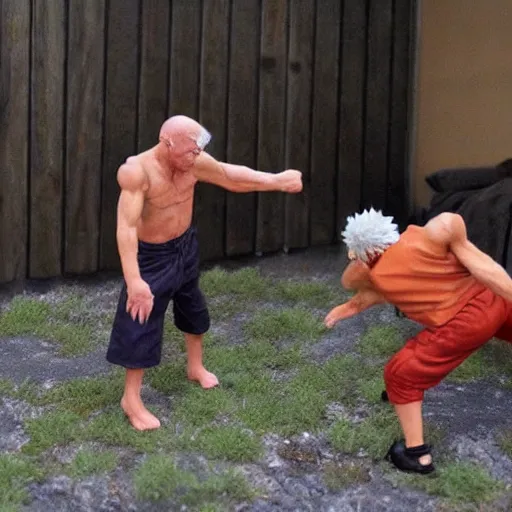 Image similar to naruto fighting old man, backyard wrestling, intricate complexity, extremely detailed, very sharp,