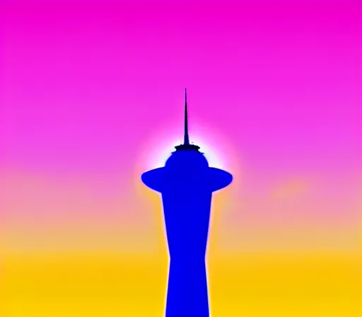 Image similar to a beautiful and immaculate balanced vaporwave ombre scene depicting outrun and the space needle