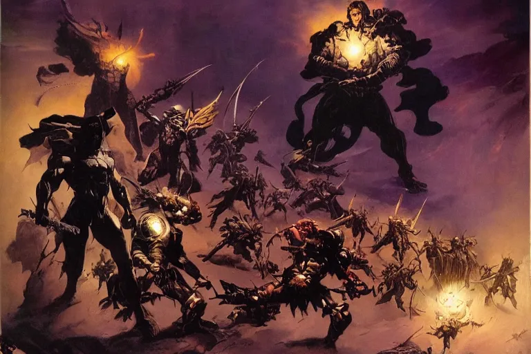 Prompt: The army of light and darkness clashing for the destiny of the world, fantasy, dramatic lighting by Frank Frazetta