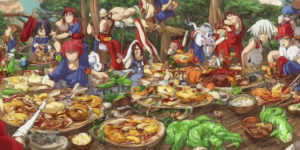 Prompt: A feast for the Dragonwarrior 9 group, very detailed, anime, Delicious, Plump, Juicy, Hot Food, large white border, hd, 8k, Unreal Engine 5, high resolution print :1 by Hayao Miyazaki, Nausicaa, studio Ghibli style, Anime wallpaper, cell shading, trending on deviant art :1