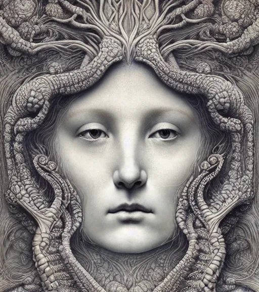 Prompt: detailed realistic porcelain beautiful moon goddess face portrait by jean delville, gustave dore, iris van herpen and marco mazzoni, art forms of nature by ernst haeckel, art nouveau, symbolist, visionary, gothic, neo - gothic, pre - raphaelite, fractal lace, intricate alien botanicals, ai biodiversity, surreality, hyperdetailed ultrasharp octane render