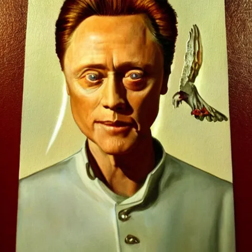 Image similar to Christopher Walken painted like a Saint with halo behind head, angels flying aound.