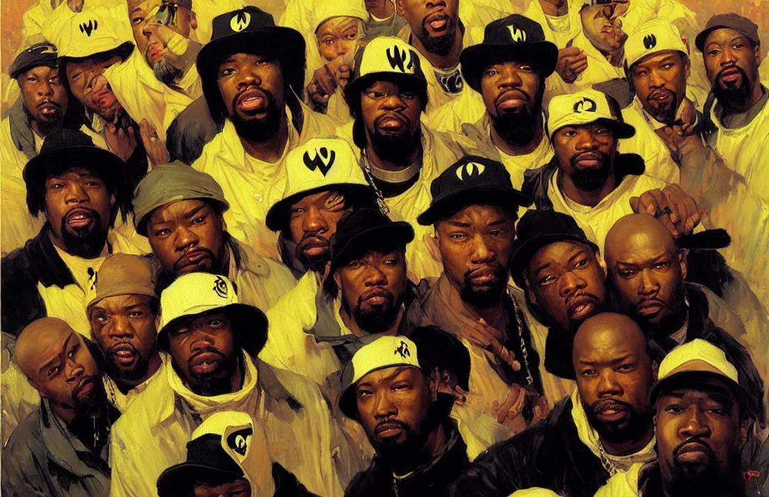 Image similar to portrait of wu - tang clan!!!!!!!!!!!!!!!!!!!!!!!!!!!, detailed face, detailed painting,, epic lighting, by ilya repin, phil hale and kent williams