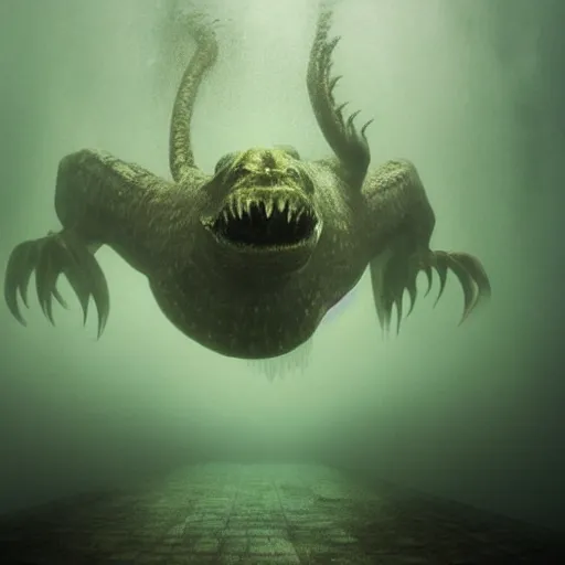 Prompt: sea monster about to eat pov underwater, neutral expression, have submerged, pale skin, dark yellowish water, foggy water, dark, dramatic,'silent hill ', big eyes, alluring and terrifying, cinematic
