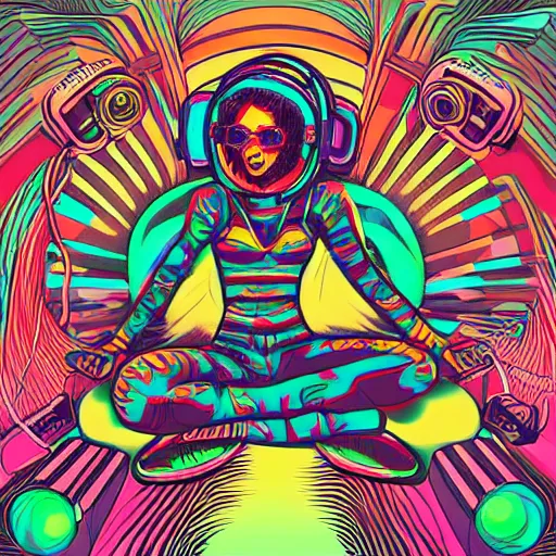 Image similar to artgerm, psychedelic android, rocking out, headphones dj rave, digital artwork, r. crumb, svg vector