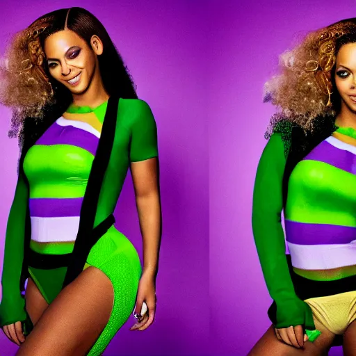 Prompt: Singer Beyoncé with green skin and dark green hair as She-Hulk, white leotard with two purple vertical stripes, green skinned, wearing purple and white fingerless gloves, wearing purple and white sneakers, mini skirt, smiling, photorealistic, sports illustrated, detailed legs, hyperreal, surreal, bokeh, tilt shift photography, green arms, green legs, green face,