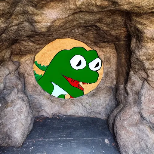 Image similar to dinosaur pepe in a cave