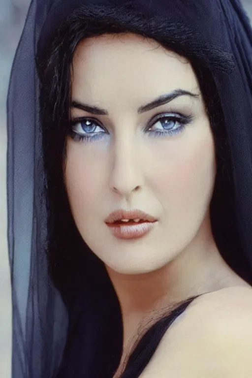 Image similar to young arab Monica Bellucci, blue eyes, long wavy black hair, white veil, closeup, focus, colored, long face