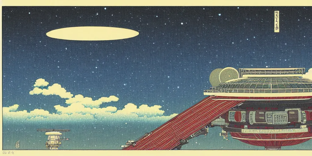 Image similar to a space station by kawase hasui. hd