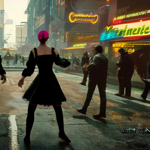 Image similar to Dancing mennonite. Cyberpunk 2077. CP2077. 3840 x 2160