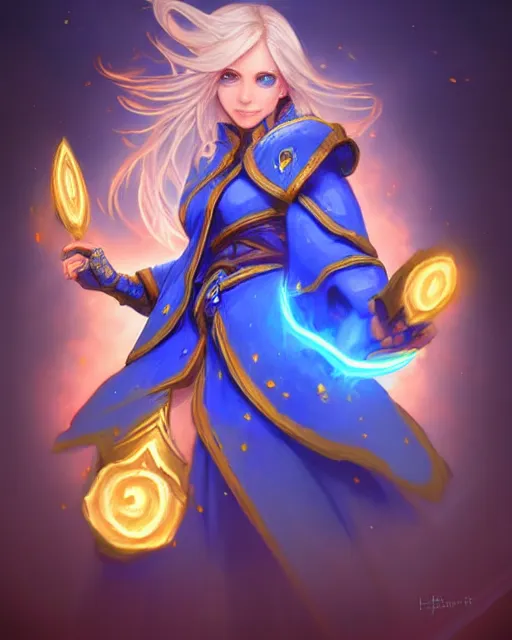 Image similar to perfectly - centered!! looking at the camera!!! full body portrait of the female blue mage, bright lighting, intricate abstract upper body intricate artwork, by hearthstone, concept art, hearthstone mastered art