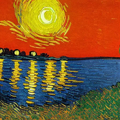 Prompt: vincent van gogh painting of a yellow teddy bear wearing a red shirt, sunset, lake