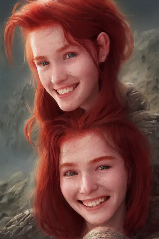 Image similar to ultra realistic style illustration of a cute red haired old teen smiling, 1 9 year old, headshot, sci - fi, fantasy, intricate, elegant, digital painting, artstation, concept art, smooth, sharp focus, illustration, 8 k frostbite 3 engine, ultra detailed, art by artgerm and greg rutkowski and magali villeneuve