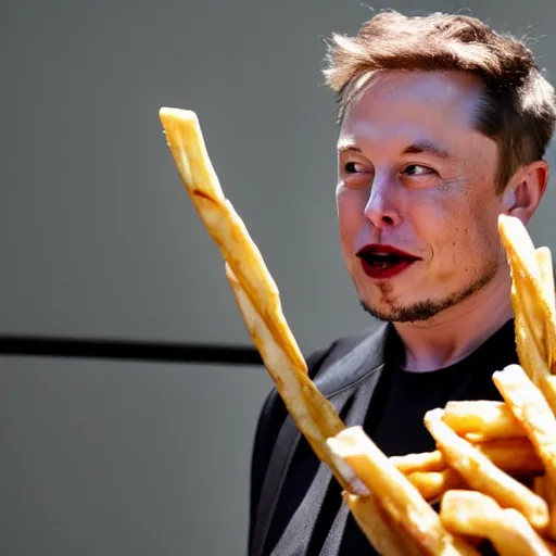 Image similar to elon musk went insane while eating white french fries