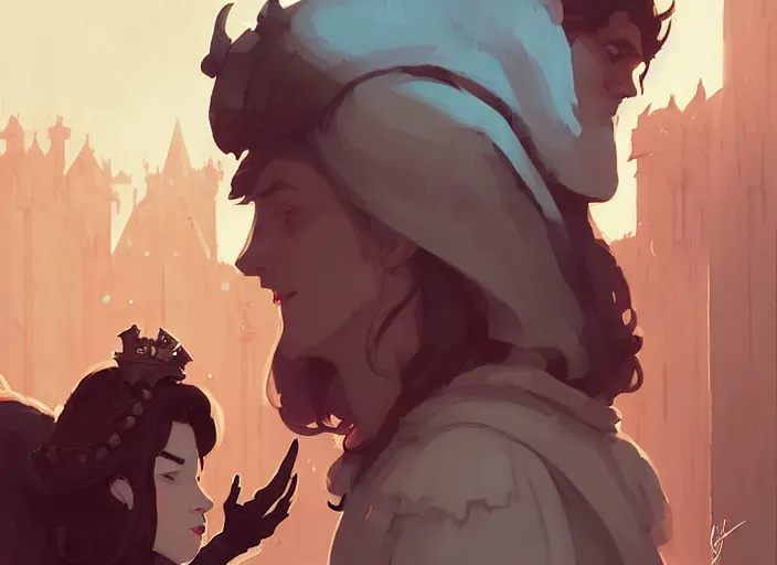 Image similar to brunette male lord knelt before the red - haired queen, medieval times by atey ghailan, by greg rutkowski, by greg tocchini, by james gilleard, by joe fenton, by kaethe butcher, dynamic lighting, gradient light blue, brown, blonde cream and white color scheme, grunge aesthetic