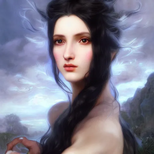 Image similar to a fantasy comic book style portrait painting of a beautiful woman with pale skin and long black hair, mystical valkyrie, francois boucher, oil painting, unreal 5, hyperrealistic, octane render, regal, refined, detailed digital art, rpg portrait, william - adolphe bouguereau, michael cheval, walt disney, steampunk, dynamic lighting, highly detailed, unreal engine