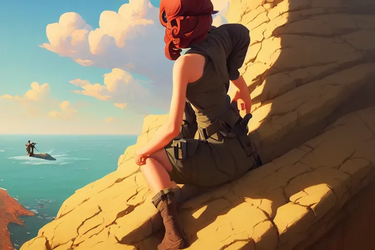 Image similar to a painting of a military woman sitting on a cliff, smoking a cigarette, a character portrait by rhads, makoto shinkai and lois van baarle, ilya kuvshinov, rossdraws global illumination and tom bagshaw, cg society, fantastic realism, intricate, detailed