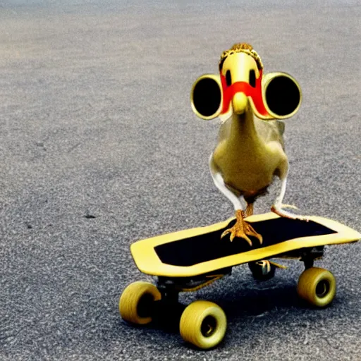 Image similar to a dodo wearing a gold chain around its neck, on a hovering skateboard without wheels, at a skate park near the beach, 1990s cartoon