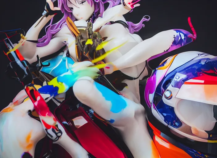 Image similar to extremely beautiful photo of a white marble statue of an anime girl with colorful motocross logos and motorcycle helmet with closed visor, colorful smoke in the background, carved marble statue, fine art, neon genesis evangelion, virgil abloh, offwhite, denoise, highly detailed, 8 k, hyperreal