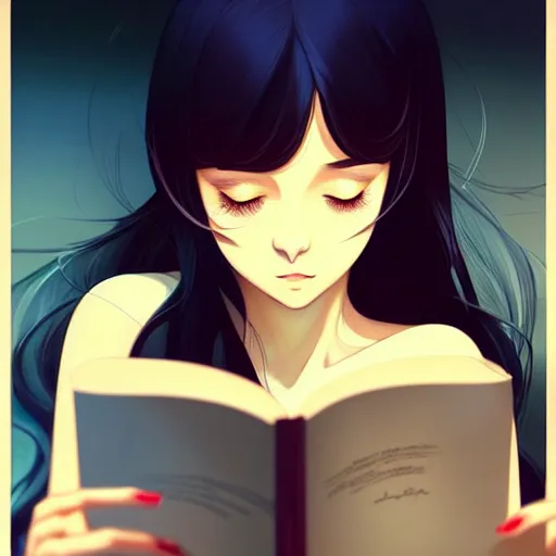 Image similar to a beautiful girl with long dark hair, lying in bed while reading a book, night time, sharp focus, intricate, digital painting, artstation, official media, anime key visual, highly detailed, rich vivid colors, ambient lighting, dynamic lighting, illustration, art by Artgerm, Makoto Shinkai, Ilya Kuvshinov, Lois Van Baarle, and Rossdraws