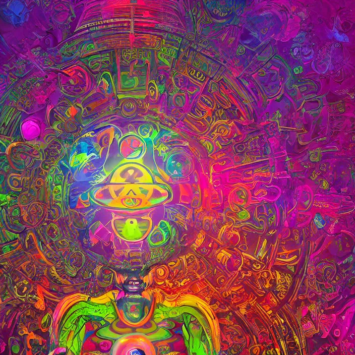 Prompt: portrait of an acid lsd psychedelic all seeing chakra meditation lotus third eye infected with rainbow fungi. intricate abstract. intricate artwork. interdimensional, by Tooth Wu, wlop, beeple, dan mumford. octane render, trending on artstation, greg rutkowski very coherent. cinematic, hyper realism, high detail, octane render, 8k, multicolored accents