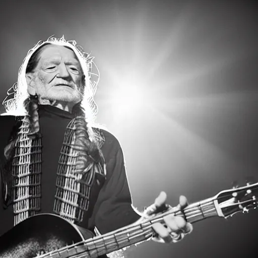 Image similar to willie nelson on stage, four fingers holding guitar. god rays through fog. black and white photo