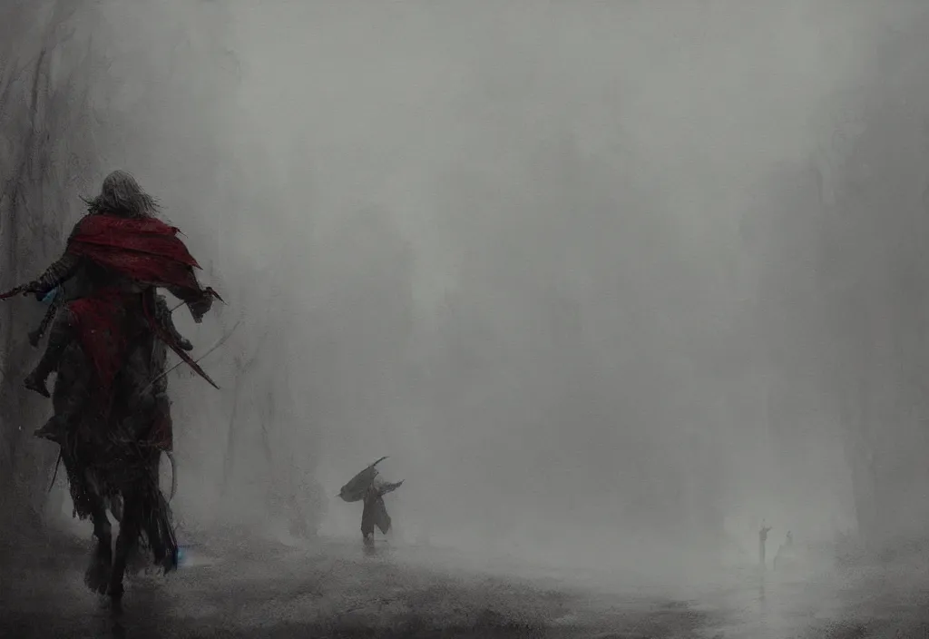 Image similar to rhaegar targaryen, foggy, rain, gloomy, mysterious, artstation, jakub rozalski, high detail, dramatic lighting