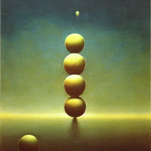 Prompt: multiple spheres floating above the horizon, spread out horizontally, separated symmetrically, zdzislaw beksinski