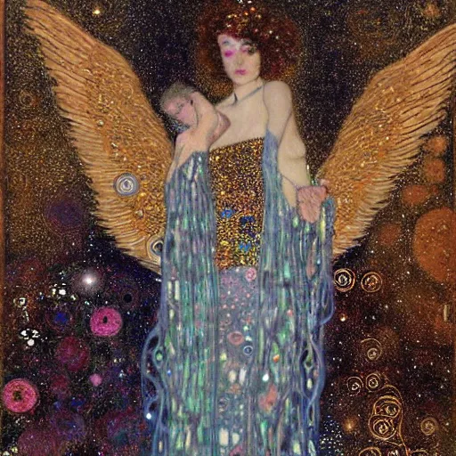 Image similar to dreamy angel, in the cosmos, 🌫🌌 intricate long shelve robes, intricate detail, klimt, royo,