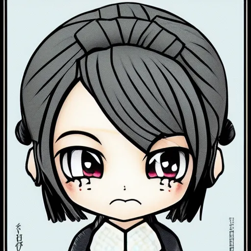 Image similar to beautiful line art of the face detailing cute nendoroid girl in the style of ukiyoe, toon rendering, close-up, flat, flat tone, unshaded, flat shading