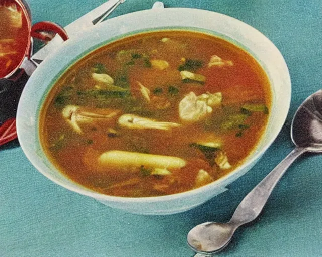 Image similar to 1970's cookbook color photograph of fish head soup sharp detail high detail