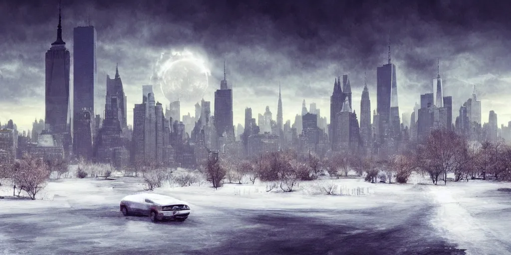 Image similar to nuclear winter, new york city, near future, fantasy, sci - fi, hyper realistic, serene.