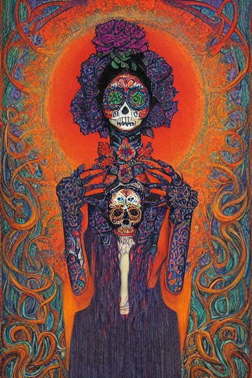 Prompt: Illustration of a sugar skull day of the dead girl, art by jean delville