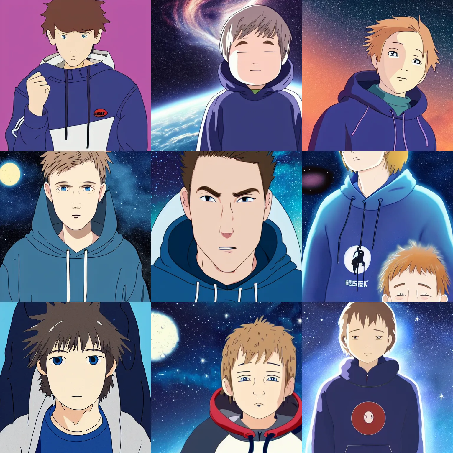 Prompt: Guy with dark blonde hair and blue eyes wearing a hoodie in space, Spirited away, astonishing background, detailed face, centered
