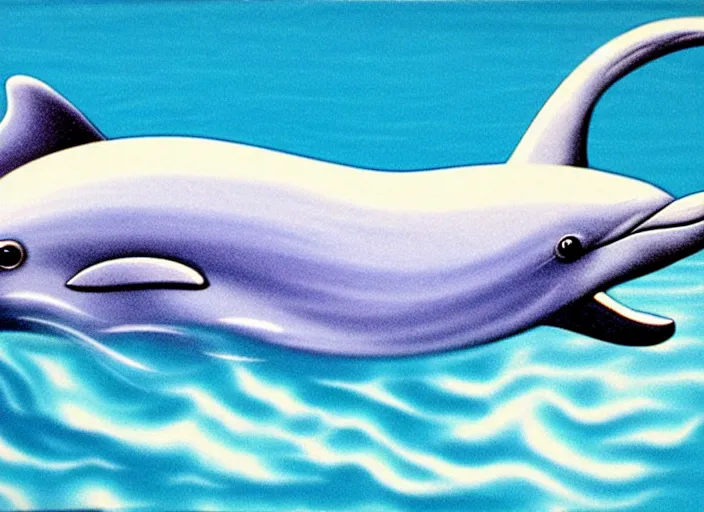 Image similar to professional 1980s airbrush illustration of a cheeky time-travelling dolphin wearing a powder wig floating above a swimming pool