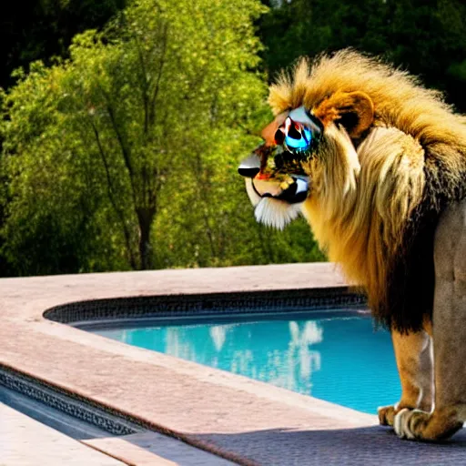 Image similar to a very detailed photo of a lion ( smoking a cigar ) outside the mansion by the pool