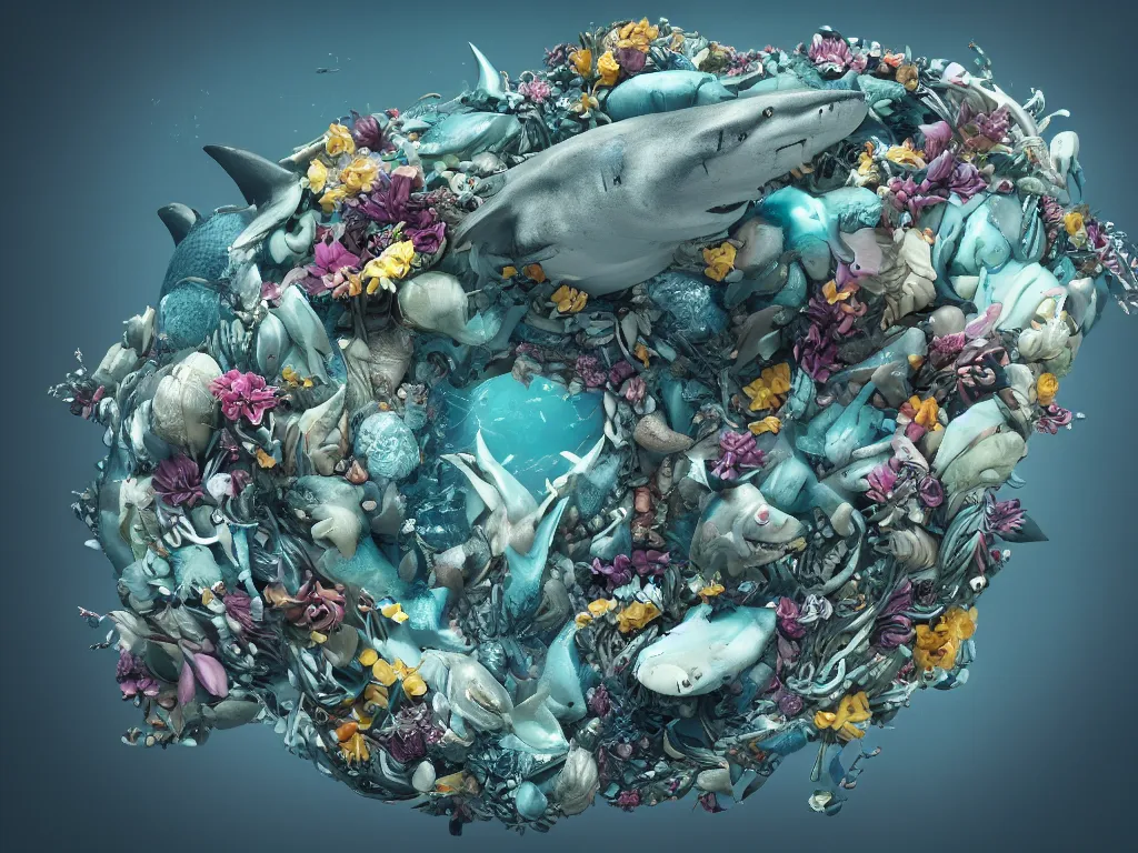 Image similar to a sculpture of ocean shark intertwined, a lovely cornucopia of flowers and human body parts, highly detailed, octane render, cinematic, shock