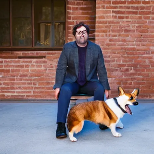 Image similar to Eric Wareheim with a corgi, hyperrealistic, RPG portrait, ambient light, dynamic lighting, golden hour