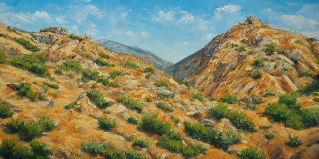 Prompt: painting of rugged mediterranean highlands