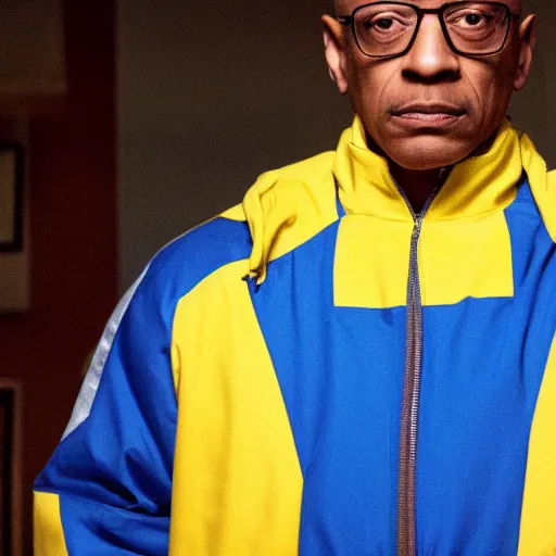 Prompt: gus fring in a blue varsity jacket with yellow sleeves, still from breaking bad