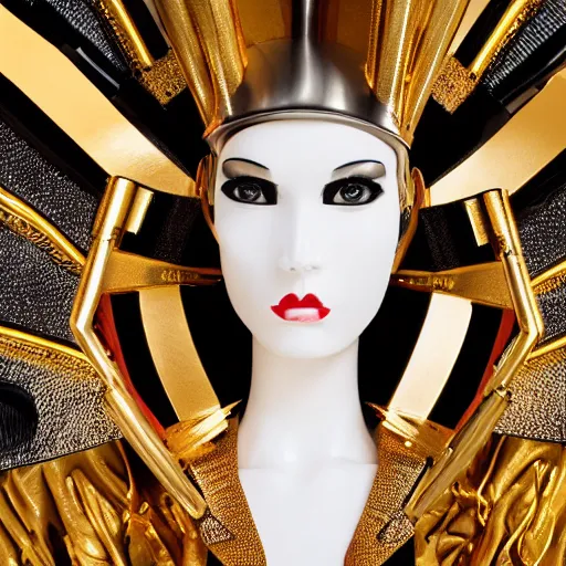 Image similar to close up of a female fashion model in year 3000 in art-deco entrance hall, model wearing a huge surreal Avant-garde helmet in gold, photography , official Versace editorial , highly detailed