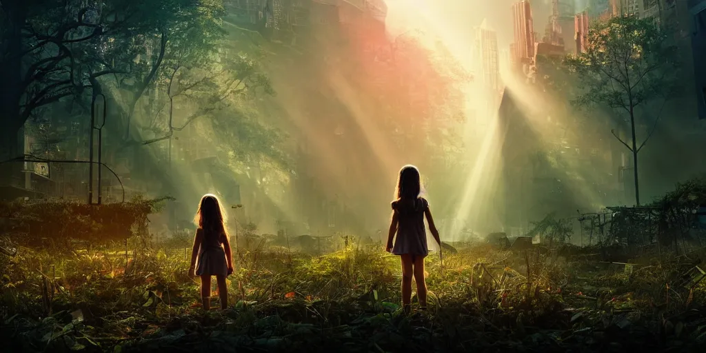 Image similar to textless sci - fi scene future overgrown new york city street, little girl alone in manhattan holding the left hand of giant robot, forest punk, crepuscular rays, epic scene, hyper realistic, photo realistic, overgrowth, cinematic atmosphere, ethereal lighting,