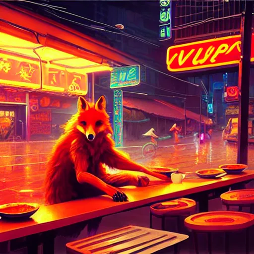 Image similar to splash art of anthropomorphic female vulpes vulpes fulva woman at a noodle stand eating ramen in the crowded street of a cyberpunk city, rain, harsh neon lighting, realistic, ultra detailed, by greg rutkowski, wlop, sakimichan, artgerm