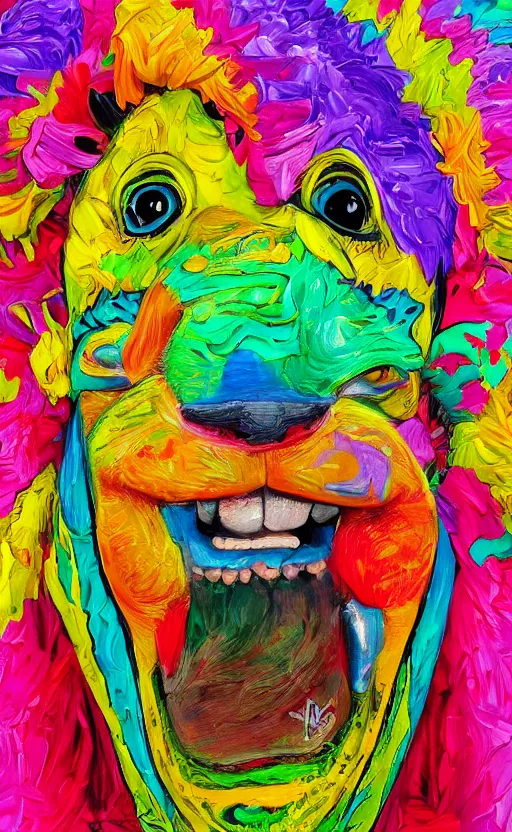 Prompt: a bright and colorful detailed photorealistic painting of a funny looking character. the character is making a silly face and the background is filled with happy looking animals. high quality. photorealistic. hq. hd. 4 k. award winning. trending on artstation