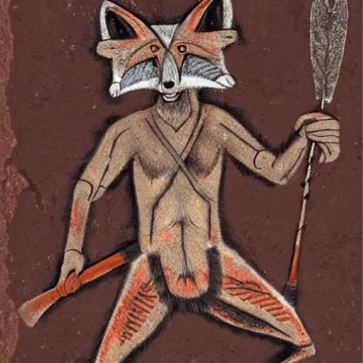 Image similar to neolithic cave painting of a half-fox warrior. strong and powerful anthropomorphic fox. gorgeous eyes. Bipedal foxman holding spear. carvings, cave scratches in cave wall. art by homo erectus. earthen colors