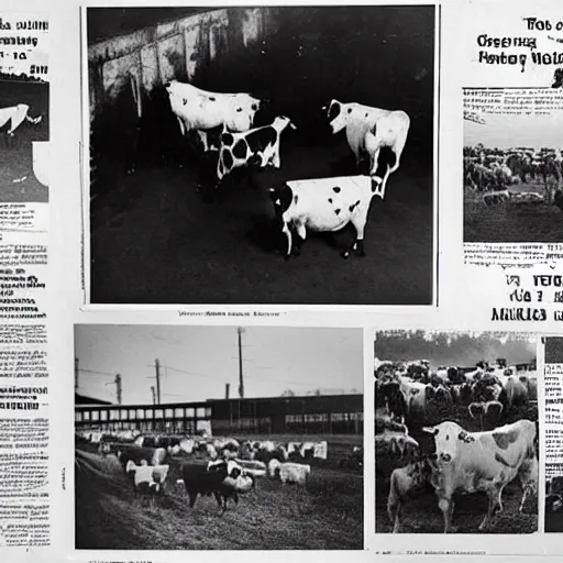 Image similar to Newspaper pictures of cows and chickens on strike over conditions in factory farms, vintage photography, highly detailed,