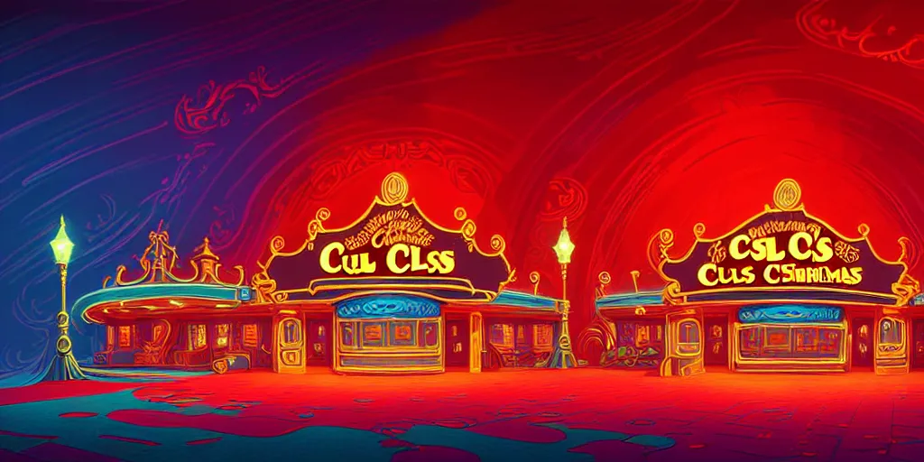 Prompt: curled perspective digital art of curly clouds casino entrance with luxurious red carpet by anton fadeev from nightmare before christmas