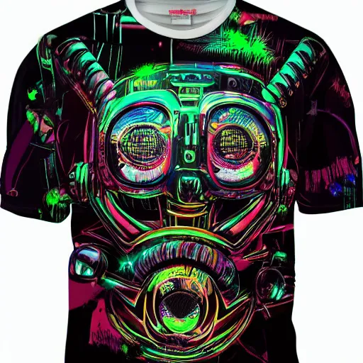 Image similar to black tshirt with a hyperdetailed portrait of a trippy diesel punk robot, 8 k, symetrical, flourescent colors, halluzinogenic, multicolored,