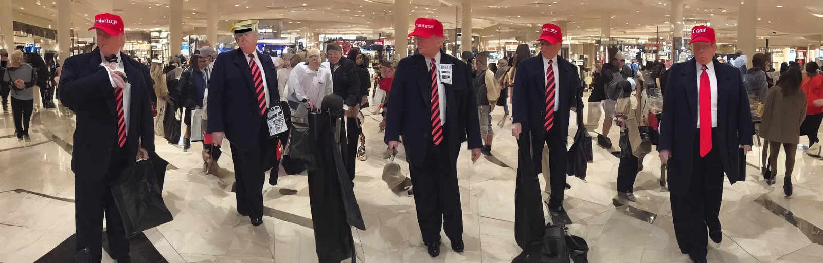 Prompt: Candid photo of donald trump in disguise trying to blend in at a mall