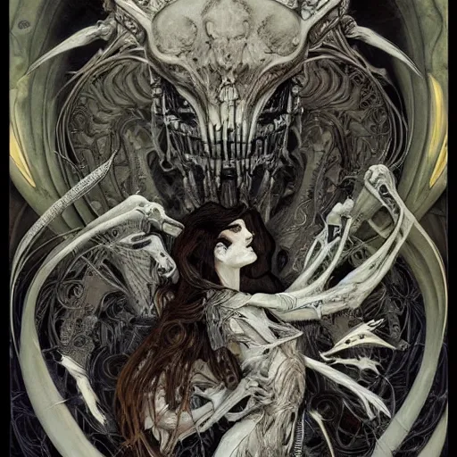 Prompt: highly detailed, intricate stunning image of insects, bats and bones in style of Alfonson Mucha , grey and white,pale, stunning atmosphere, animal and monster by H.R. Giger and Peter Mohrbacher